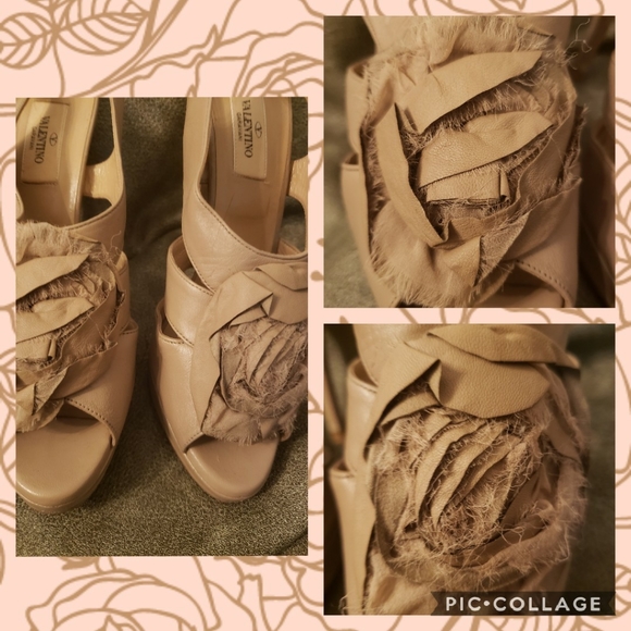 Valentino Beige Leather and Chiffon Rose Heels - Picture 4 of 7